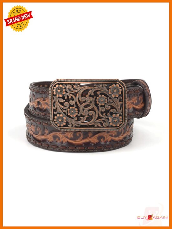 Floral Embossed Leather Belt with Copper Buckle - Western Style main image 4